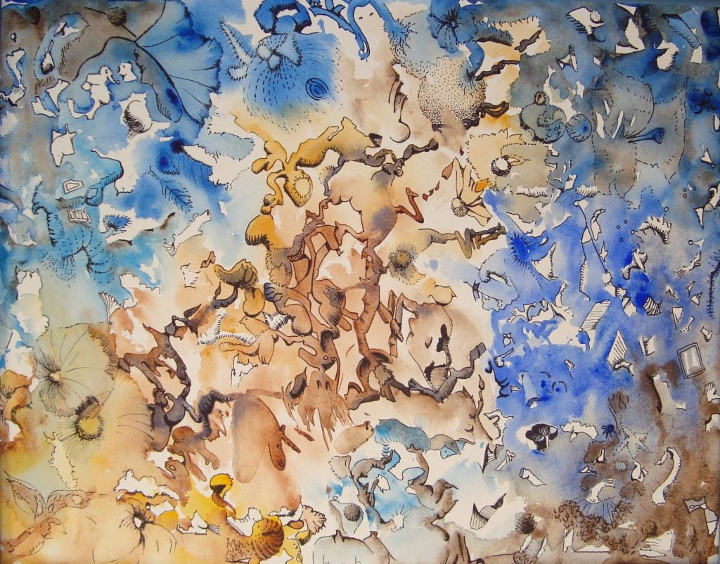 aquarel abstract ultramarijn sienna oker pentekening