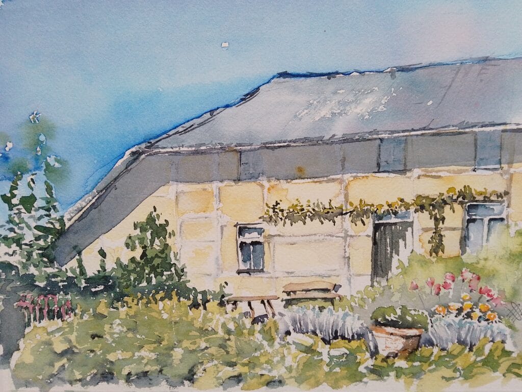 aquarel van een geel vakwerk huisje in het geuldal